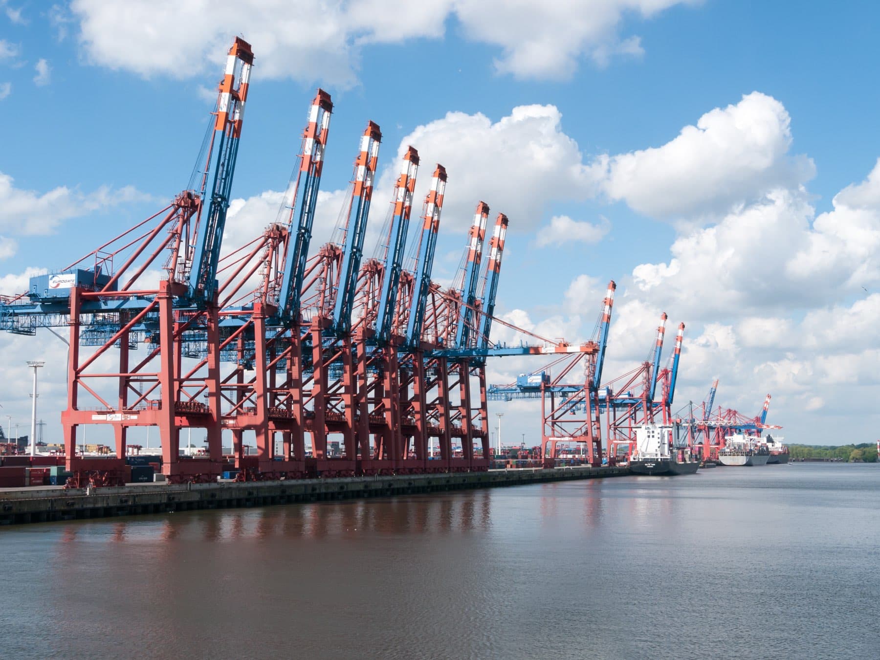 A line of container gantry cranes standing along a terminal quay.