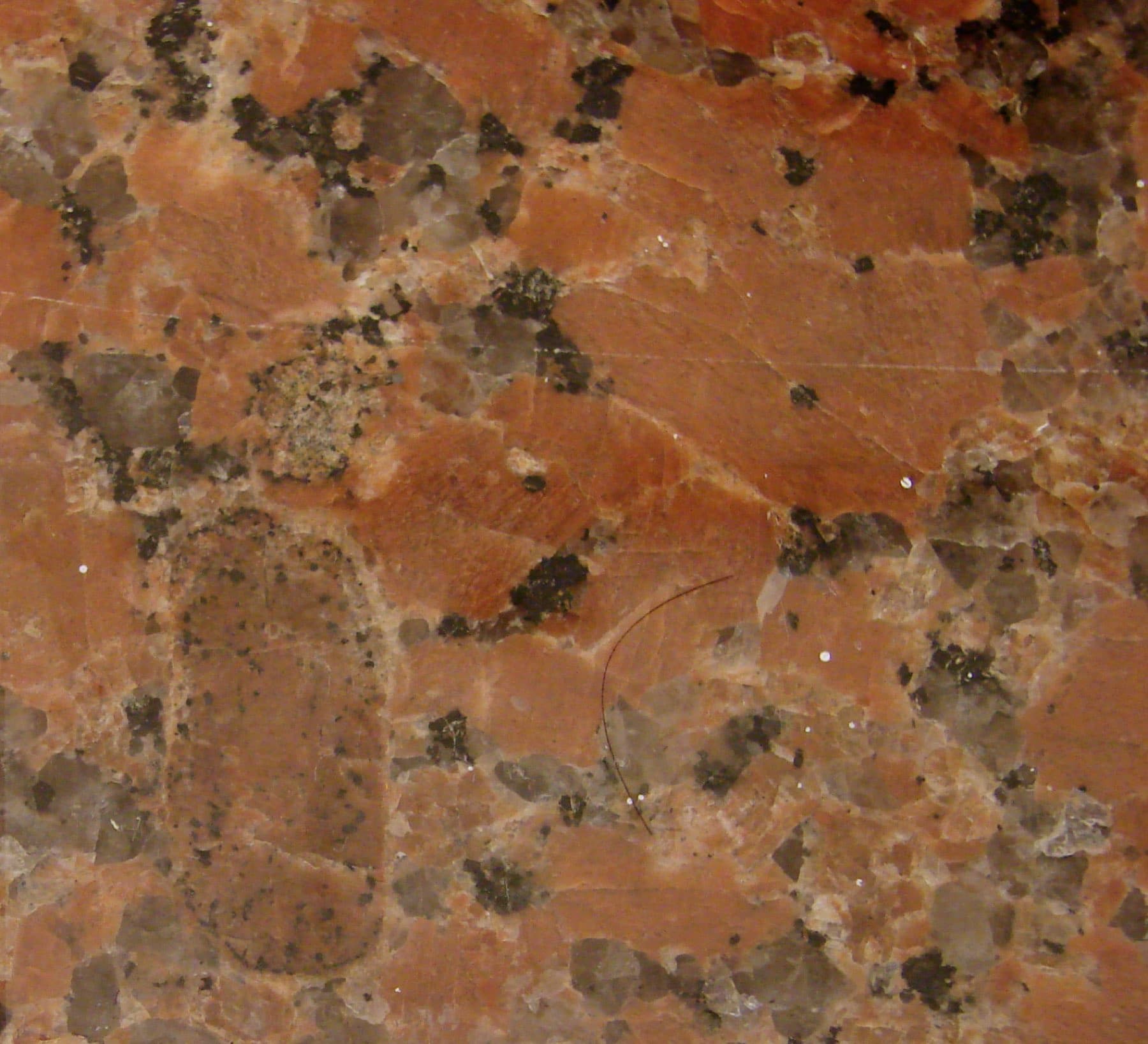 A polished granite surface showing its grain, spotting and veining.