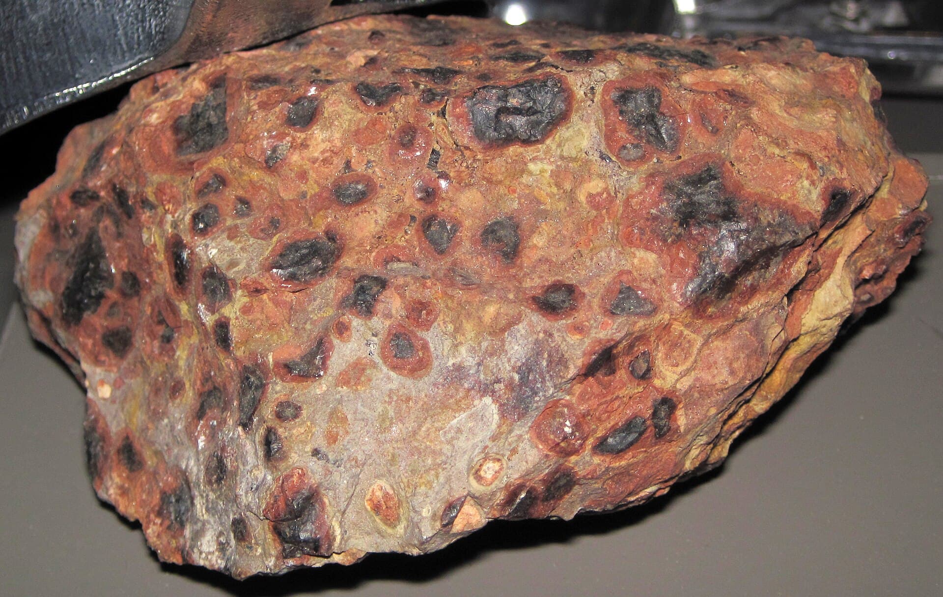 A block of bauxite ore, reddish brown with the rounded pea like pisolitic texture across the face