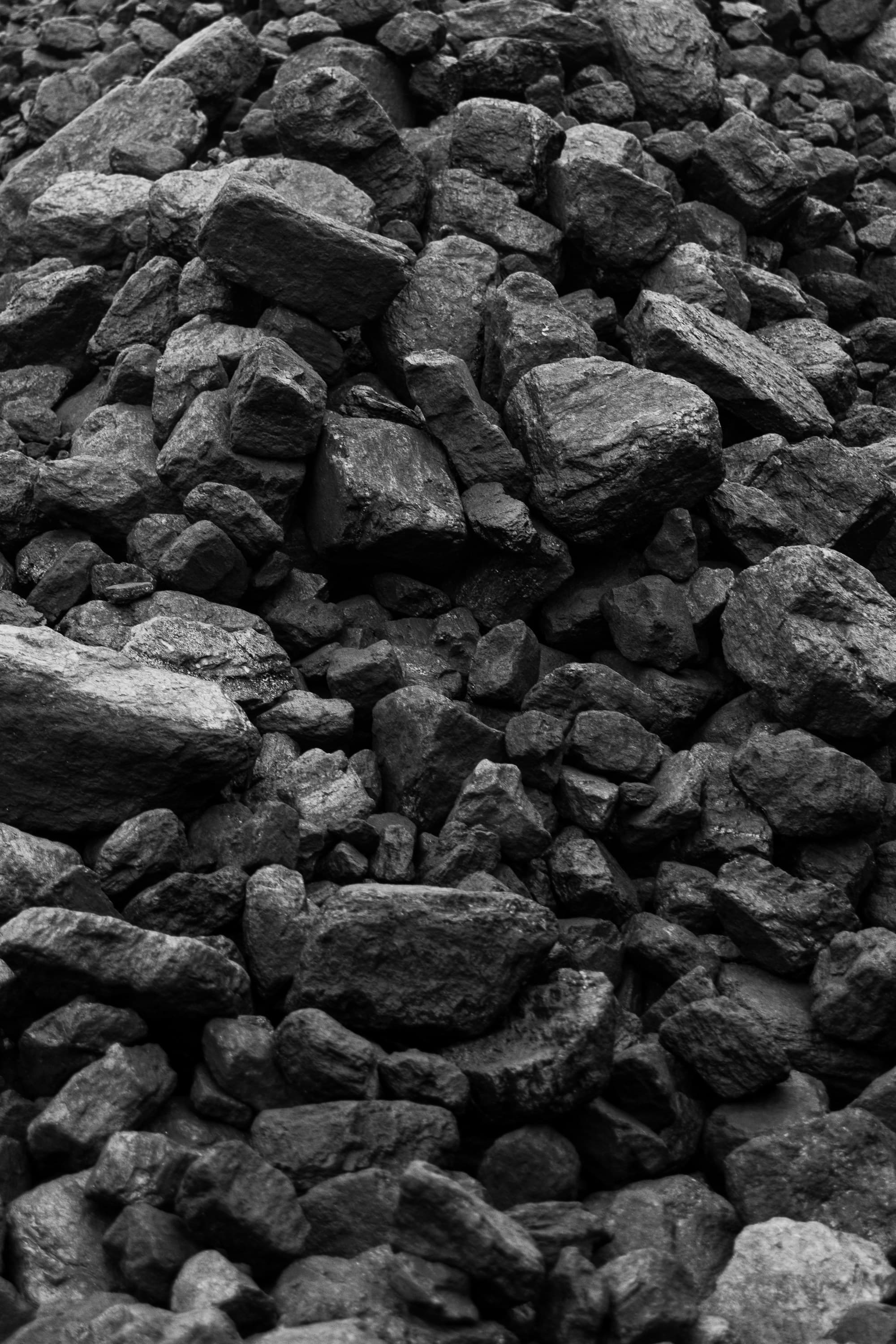 A stockpile of black lump coal filling the frame, angular pieces with dull and glossy broken faces