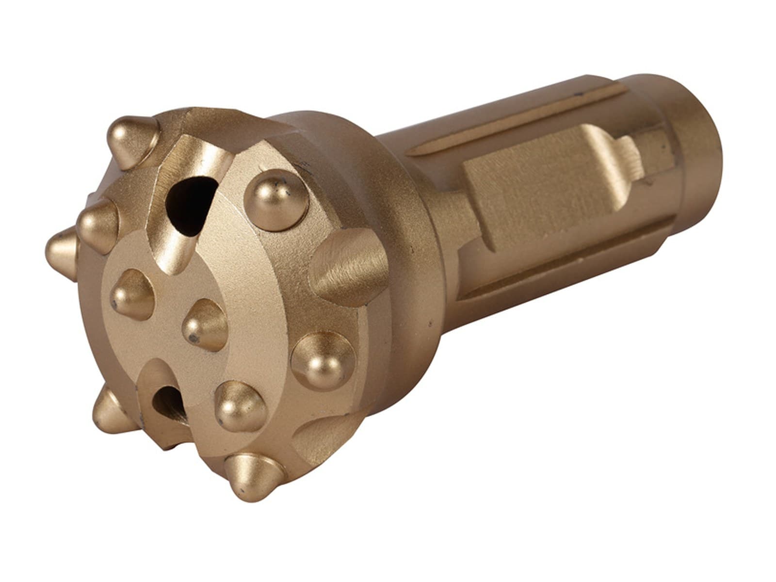 A down the hole button bit, tungsten carbide buttons set across the face and gauge