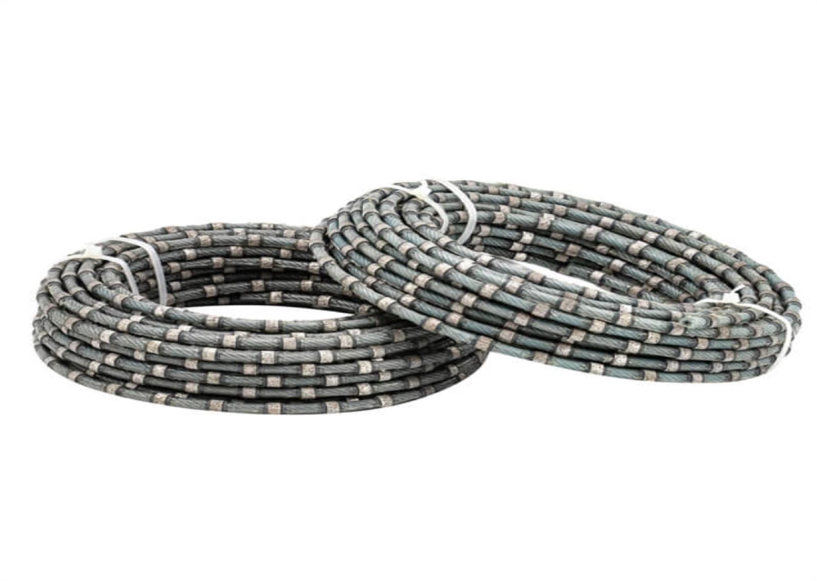 Two coils of diamond cutting wire, sintered beads spaced along the steel cable